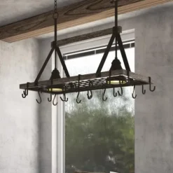 Best Deal Patriot Lighting® Elegant Home Bodhi Black & Replica Wood 2 Light Pot Rack Island Light