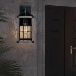 Best Sale Patriot Lighting® Elegant Home Levon Weathered Gray Faux Wood & Black Outdoor Wall Light