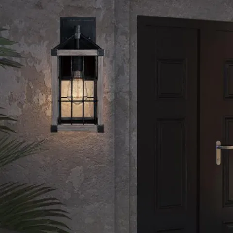 Best Sale Patriot Lighting® Elegant Home Levon Weathered Gray Faux Wood & Black Outdoor Wall Light
