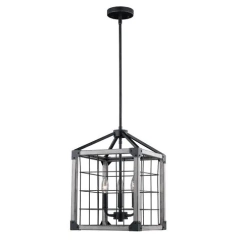 Brand New Patriot Lighting® Elegant Home Levon Weathered Gray Faux Wood & Black 3-Light Pendant