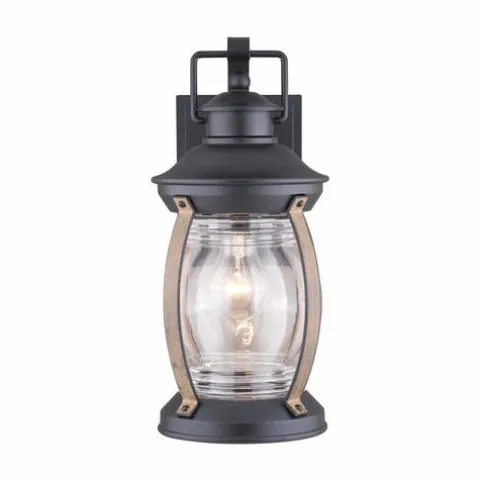 Coupon Patriot Lighting® Zion Textured Black And Replica Wood Outdoor Wall Light