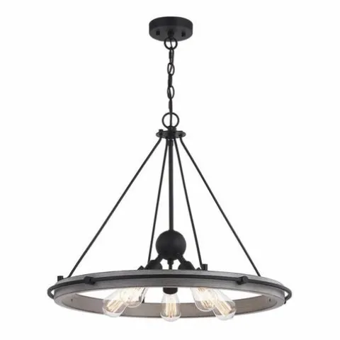 New Patriot Lighting® Clint Textured Black And Weathered Gray Faux Wood 5-Light Pendant